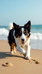 Border collie playfully digging in the sand near the surf, black, sea
