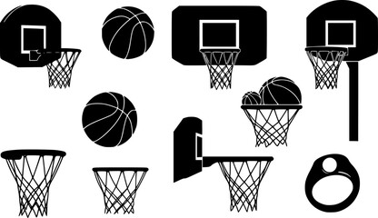 Basketball hoop, basketball and goal, net, ring icon silhouettes set
