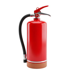 Obraz premium Red fire extinguisher with black hose isolated on transparent background
