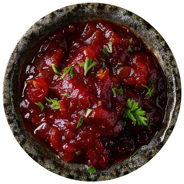 round saucer with Georgian tkemali sauce, top view, sauce for meat, fish and fast food, no or white isolated background, realistic photo for cafe or restaurant menu