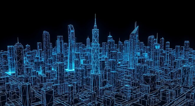 A futuristic city landscape rendered in blue wireframe against a black background showing skyscrapers