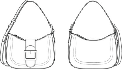 Handbag technical sketch, CAD fashion flat, vector bag design, detailed purse outline, fashion accessory illustration, front back view drawing