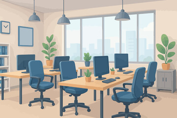 Modern office with chairs, desks, computers and natural lighting for work and meetings