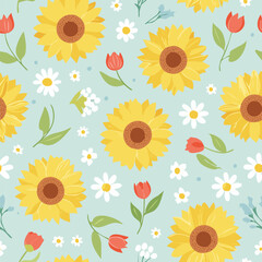 Cute seamless floral pattern with hand-drawn sunflowers, tulips, and daisies on a light blue background. Perfect for fabric, stationery, wallpapers, wrapping paper, bedding, textile design