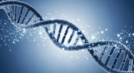 A close up of a dna strand with blue background and glowing particles around the structure view
