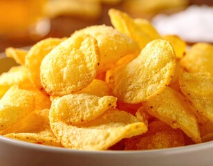 Close-up of a bowl full of crispy, golden-yellow potato chips