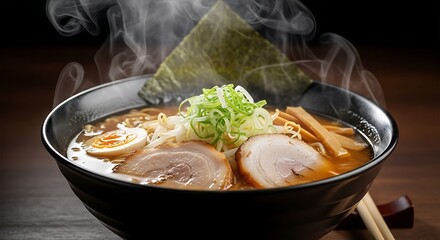 A steaming bowl of ramen with pork, egg, bamboo shoots, and seaweed in a dark bowl with chopsticks