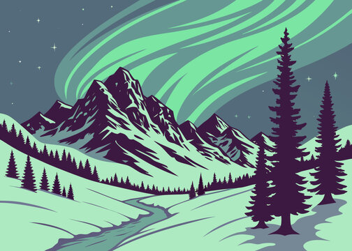 Aurora borealis over snow covered mountains and pine trees