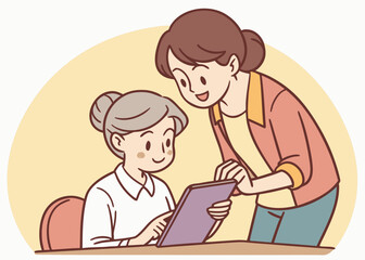 Elderly woman learns to use tablet with help from younger woman
