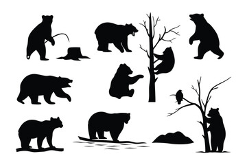 Collection of nine distinct black silhouette illustrations of bears in various poses and activities against a white background © Abu