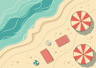 Top view of a beach with umbrellas and towels ocean