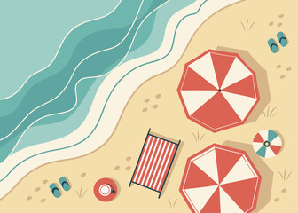 Top view of a beach with umbrellas and waves ocean