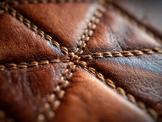 Close up of rich brown leather with detailed stitching forming a star pattern
