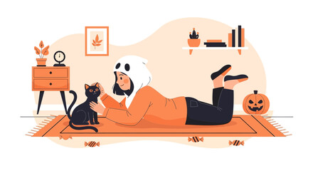 Fototapeta premium Adorable Halloween Home Scene Featuring Girl and Her Black Cat Friend