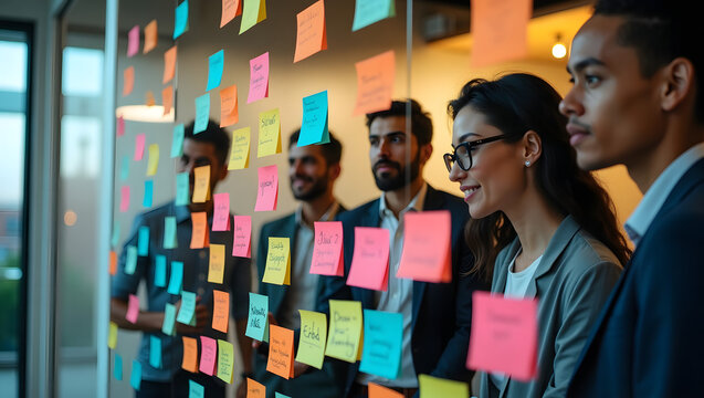 Group brainstorming session with sticky notes on glass wall