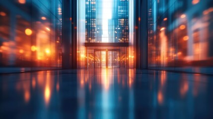 Urban city hall entrance at twilight.
