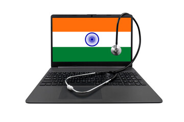 Laptop with India flag on screen and medical stethoscope on transparent background. Indian healthcare system concept