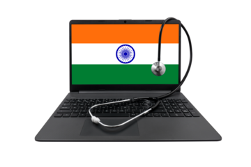 Laptop with India flag on screen and medical stethoscope on transparent background. Indian healthcare system concept