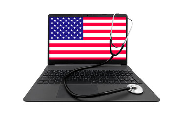 Laptop with USA flag on screen and medical stethoscope on transparent background. Concept of medical consultation and US healthcare system