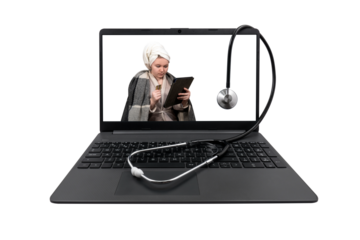 Laptop and medical stethoscope isolated on white background. On the laptop screen, a girl with cold symptoms holds a blister of pills in one hand, and a tablet computer in the other