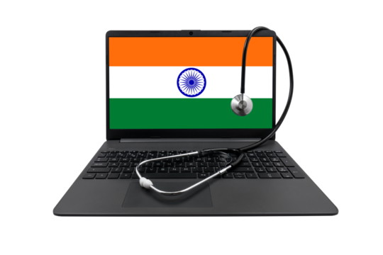 Laptop with India flag on screen and medical stethoscope on transparent background. Indian healthcare system concept - Powered by Adobe