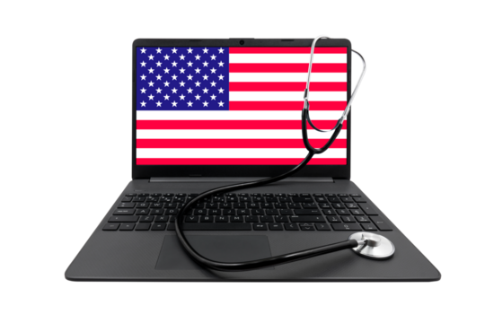 Laptop with USA flag on screen and medical stethoscope on transparent background. Concept of medical consultation and US healthcare system - Powered by Adobe