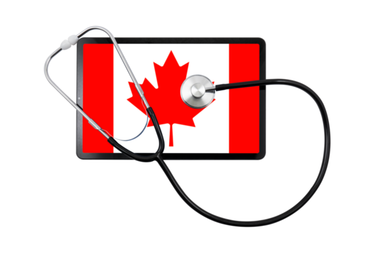 Tablet pc with canada flag on screen and medical stethoscope on transparent background. Canada medical diagnostic and healthcare system concept