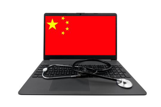 Laptop with China flag on screen and medical stethoscope on transparent background. China healthcare system concept