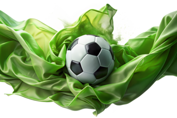 A soccer ball nestled within flowing green fabric on a transparent background