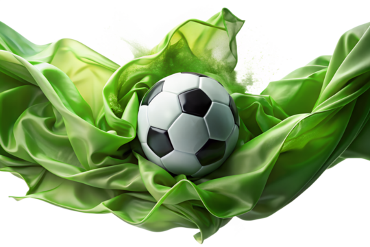 A soccer ball nestled within flowing green fabric on a transparent background