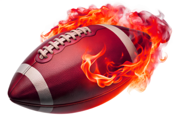 An american football on fire with red flames and smoke on a transparent background