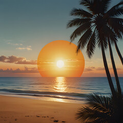 Tropical Sunset with Palm Silhouette on Serene Beach
