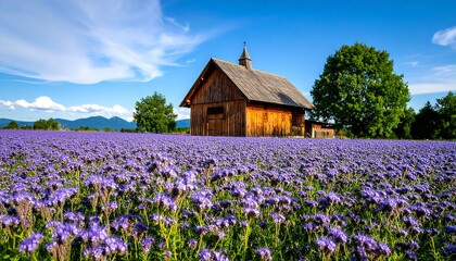 Wooden chapel in a field of purple wildflowers