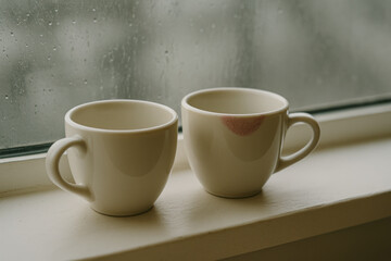 Two white coffee mugs on a windowsill with raindrops on glass, creating a cozy, romantic, and rainy day atmosphere.
