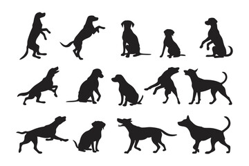 Collection of diverse dog silhouettes showcasing various breeds and poses in black and white