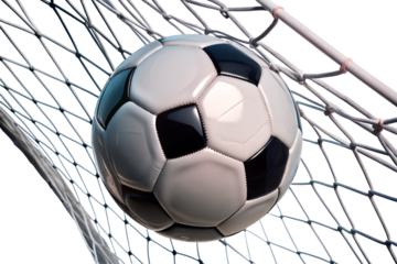 A black and white soccer ball is caught in the net signifying a successful goal and a moment of victory isolated on transparent background