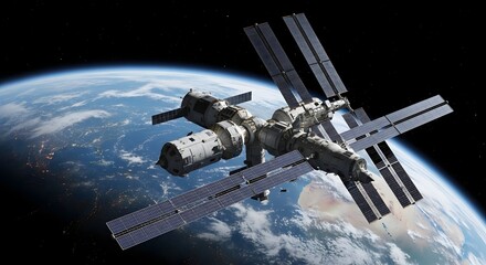 A detailed view of the international space station orbiting above the earth with solar panels visible