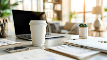 Mock up paper coffee cup with cup holder on a wooden table nearby scattered documents and an open laptop as morning light fills the office. Copy space.