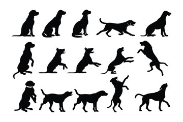 Collection of diverse dog silhouettes showcasing various breeds and poses in a clean graphic presentation