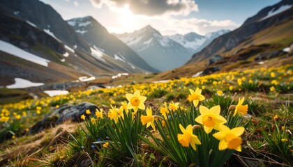 Fototapeta premium Daffodils bloom in valley with mountains