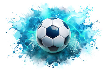 Naklejka premium A soccer ball emerges from a dynamic blue water splash representing energy and explosive action in the sport isolated on transparent background