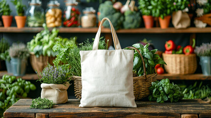 A blank white canvas tote bag stands out on a weathered wooden surface, showcasing an abundance of vibrant, fresh vegetables and herbs in the background at a lively eco-market.
