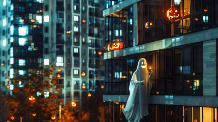 Smiling ghost, holding a mobile phone, drifts among high-rise apartment buildings adorned with glowing Halloween decorations. Copy space