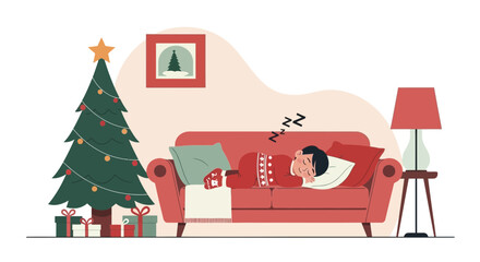 Fototapeta premium Christmas Nap Young Man Sleeping On The Couch Beside Christmas Tree