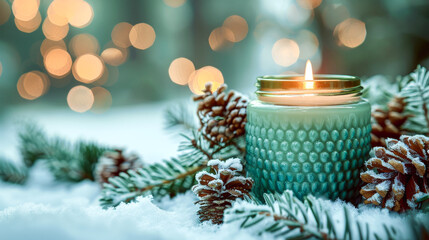 Mock up scented candle in green glass jar near snowy fir branches with pinecones, as golden sunlight filters through a winter wonderland, creating a cozy, serene atmosphere. Copy space