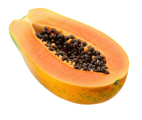 Fresh ripe papaya cut in half showing bright orange flesh and abundant black seeds, isolated view
