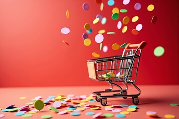 Detailed Image of Colorful Confetti Dropping into a Transparent Shopping Cart on a Bold Red Background.