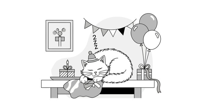 Birthday Nap Cute Cat Taking A Cozy Sleep Party Celebration