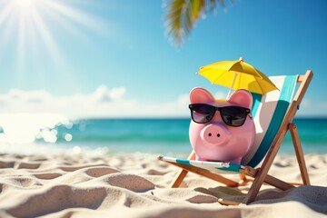 Pink Piggybank Lounging on Beach Chair with Sunglasses and Umbrella