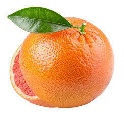 Whole grapefruit with vibrant green leaf and a slice showing juicy pink interior on a white display
